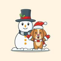 Ilustración de vector de dibujos animados lindo perro con muñeco de nieve