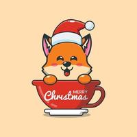 Cute fox wearing santa hat in cup vector