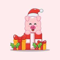 cute pig with christmas gift vector