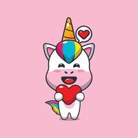 lindo personaje de dibujos animados de unicornio con corazón de amor vector