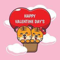 lindo personaje de dibujos animados de tigre volar con globo de aire en el día de san valentín vector