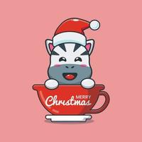 cute zebra wearing santa hat in cup vector