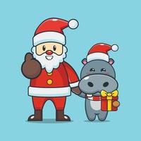 lindo personaje de dibujos animados de hipopótamo con santa claus vector