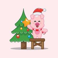 cute pig taking star from christmas tree vector