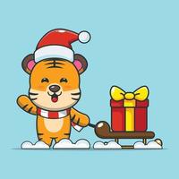 lindo tigre con caja de regalo de navidad vector