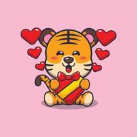 lindo personaje de dibujos animados de tigre en el día de san valentín vector
