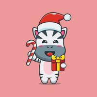 cute zebra holding christmas candy and gift vector