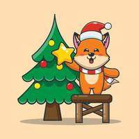 Cute fox taking star from christmas tree vector