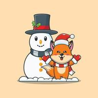 Cute fox cartoon vector illustration with Snowman