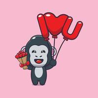 lindo personaje de dibujos animados de gorila con globo de amor y flores de amor vector