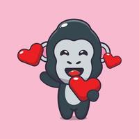 cute gorilla cartoon character holding love in valentines day vector