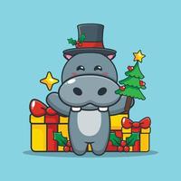 Cute hippo holding star and christmas tree vector