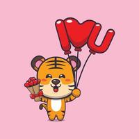 cute tiger cartoon character holding love ballon and love flowers vector