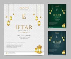 Ramadan Kareem Iftar party invitation greeting card template in 3 colors with Arabic style pattern vector