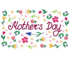 Inscription Mother's Day. Vector lettering decorated with leaves, flowers, muscari, peonies, willow, hearts. Festive rectangular clipart for T-shirts, posters, postcards