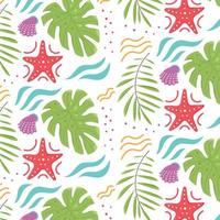 patrón verano tropical hojas monstera estrella de mar conchas marinas vector