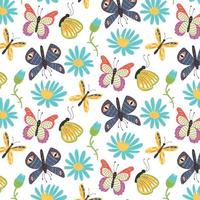 Pattern of bright butterflies and flowers vector