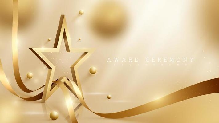 3d gold star background with ribbon element and ball with glitter light effect and bokeh decoration. Luxury award ceremony concept.