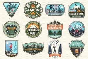 Set of Rock Climbing club and summer camp badges. Concept for shirt or print, stamp, patch or tee. Vintage typography design with camping tent, trailer, camper, climber, carabiner and mountains vector