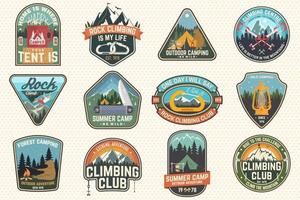 Set of Rock Climbing club and summer camp badges. Concept for shirt or print, stamp, patch or tee. Vintage typography design with camping tent, trailer, camper, climber, carabiner and mountains vector