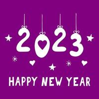 2023 happy new year, hearts, stars and snowflakes on violet background. card template hand drawn in doodle style. banner, poster. holiday. vector