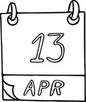 calendario dibujado a mano en estilo garabato. 13 de abril. día mundial del rock and roll, fecha. icono, elemento adhesivo para el diseño. planificación, negocios, vacaciones vector