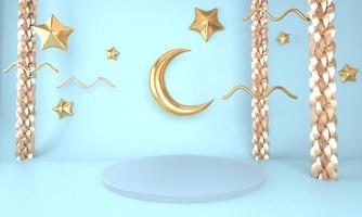 plantilla de saludo ramadan kareem con luna. podio, párese en el fondo claro de vacaciones para productos publicitarios - ilustración 3d para tarjetas, saludos. foto