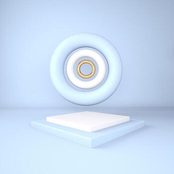 3d rendering studio with geometric shapes, podium on the floor. Platforms for product presentation, mock up background. photo