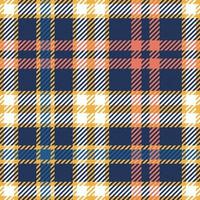 Texture from plaid, tablecloths, clothes, shirts, dresses, paper, bedding, blankets and other textile products. plaid Scottish seamless pattern. Retro Blue, orange and white tartan pattern vector