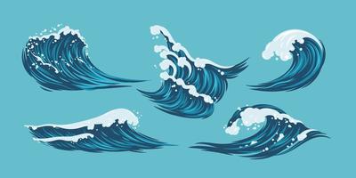 Sea wave,ocean vector flat design illustration.Isolated water splash set.