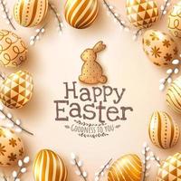 Easter poster and banner template with Golden easter eggs and Cute bunny Biscuit.Greetings and presents for Easter Day in flat lay styling.Promotion and shopping template for Easter vector