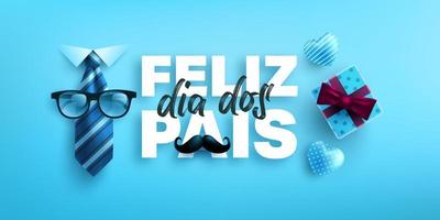 Feliz dia dos pais.Happy Father's Day in portuguese language with necktie and gift box on blue background.Greetings and presents for Father's Day.Vector illustration eps 10. vector