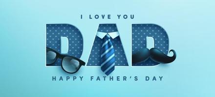 Father's Day poster or banner template with necktie,glasses and mustache on blue.Greetings and presents for Father's Day in flat lay styling.Promotion and shopping template for love dad concept vector