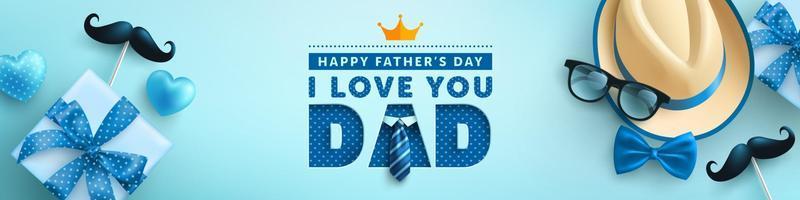 Father's Day poster or banner template with Men Hat,Necktie,glasses and blue gift box.Greetings and presents for Father's Day in flat lay styling.Promotion and shopping template for love dad concept vector
