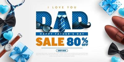 Father's Day Sale poster or banner template with necktie,glasses and gift box on blue.Greetings and presents for Father's Day in flat lay styling.Promotion and shopping template for love dad concept vector