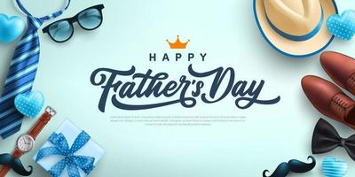 Father's Day Sale poster or banner template with necktie,glasses,hat and gift box.Greetings and presents for Father's Day in flat lay styling.Promotion and shopping template for love dad concept vector