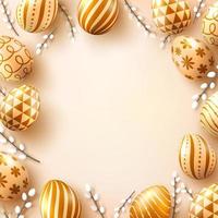 Easter background template with Golden easter eggs.Greetings and presents for Easter Day in flat lay styling.Promotion and shopping template for Easter vector