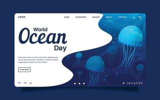 página de inicio del día mundial del océano, con el tema de una escena submarina que muestra un grupo de medusas. vector