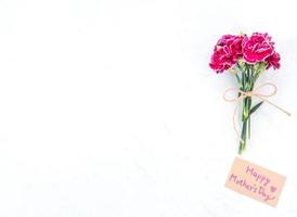 May mothers day idea concept photography - Beautiful blooming carnations tied by bow with kraft text card isolated on bright modern table, copy space, flat lay, top view, mock up photo