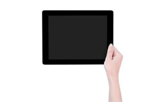 Teenage beautiful girl holding a black tablet pc template with gray screen isolated on white background, close up, mock up, clipping path, cut out photo