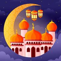 Mosque on a Crescent Moon with Lantern and Star vector