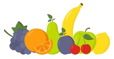 Set of cute fresh fruits. Vegetarian food. Proper nutrition. Banana, cherry, grape, apple, pear, lemon, orange. Healthy lifestyle illustration for print, web. Trendy summer fruits collection. vector