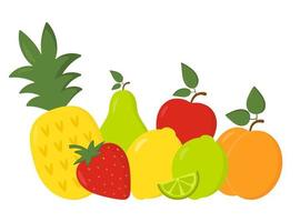 colección de lindas y divertidas frutas y bayas de verano. piña, cereza, fresa, limón, naranja, pera. elementos de diseño para artículos de papelería para niños, textiles, materiales educativos. vector