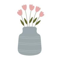 Flower bouquets of tulips in trendy ceramic vase jug. Cute elegant simple flat botanical illustration. Spring Green. Illustration for floral cards, shops, 8 of March and Easter decor. vector