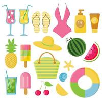 Vector summertime set with summer items watermelon, swimsuit, beach bag, flip flops, cocktails and summer attributes. Decorative cute summer elements vector cartoon illustration on white background.