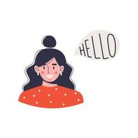 A young smiling woman says Hello. Woman speaks English. Flat vector illustration