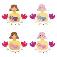 Mother holding baby son or daughter in arms. Mother and newborn son or daughter. Use for greeting card, poster, banner. Floral background. Vector illustration.