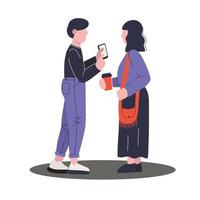 Young man showing something to woman on his smartphone. Vector illustration.