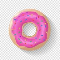 Donut isolated background. Cute pink donut. Colorful and glossy donut with pink glaze and multicolored powder. Realistic vector illustration