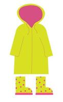 Spring outerwear. Cartoon children seasonal spring, summer, autumn clothes. Waterproof raincoat with hood, raincoat, rubber boots with polka dots. Vector simple set of colored clothes for boy and girl